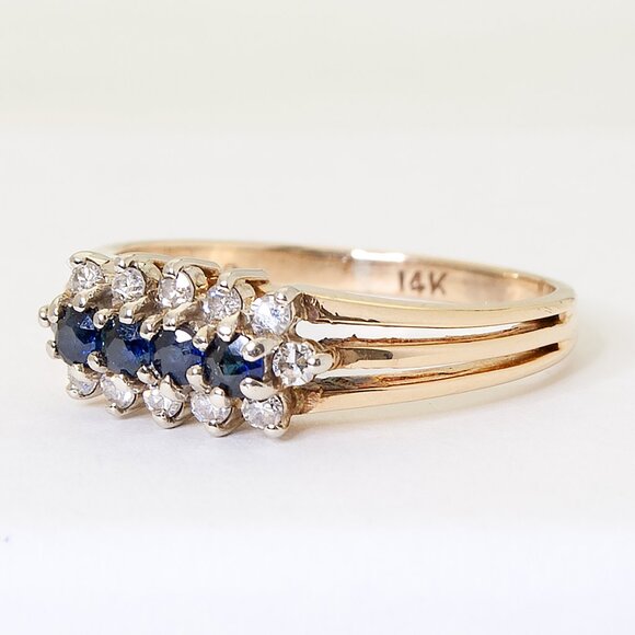 Vintage 14kt Yellow Gold Blue Sapphire Diamond Ring, Elegant Dinner Ring Sz 8 - Picture 5 of 9